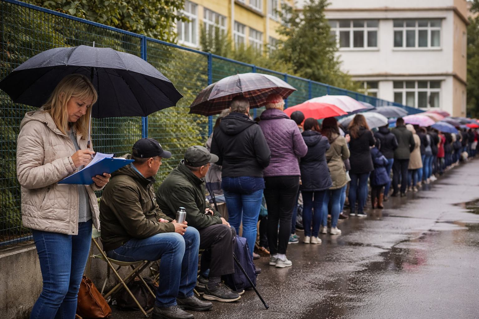 Cozi la scoala pentru clasa pregatitoare. Parintii si bunicii stau la rand cu schimbul pentru un loc